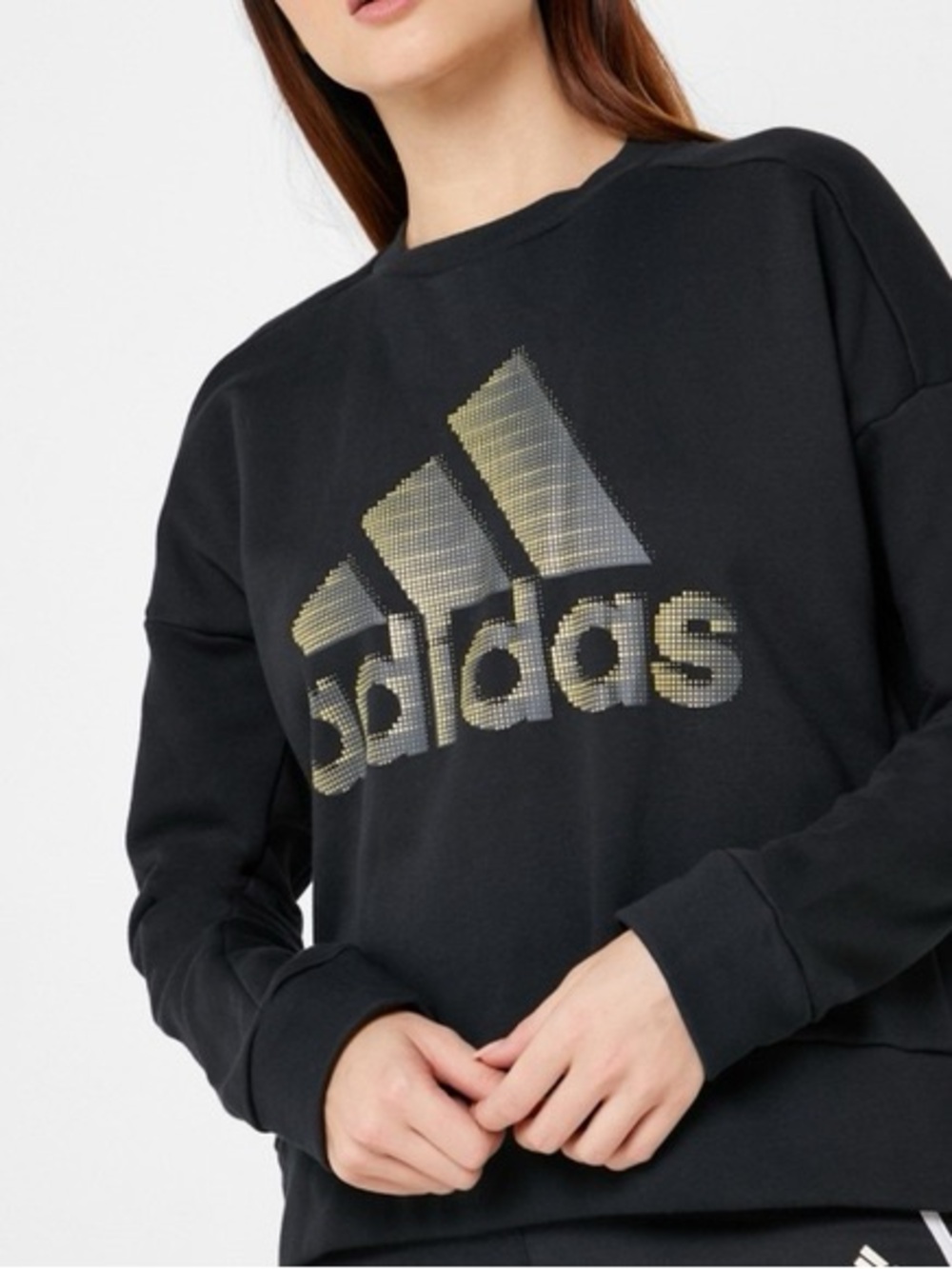 Adidas ID Glam Black & Gold Pixel Logo Fleece Sweatshirt | Women’s Small